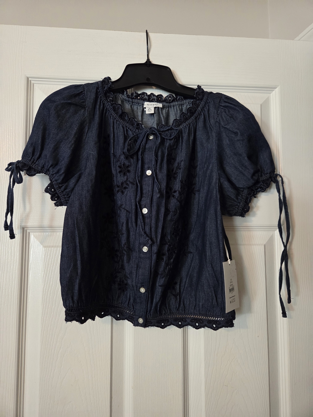 Dark Blue Embroidered Puff-Sleeve Blouse
